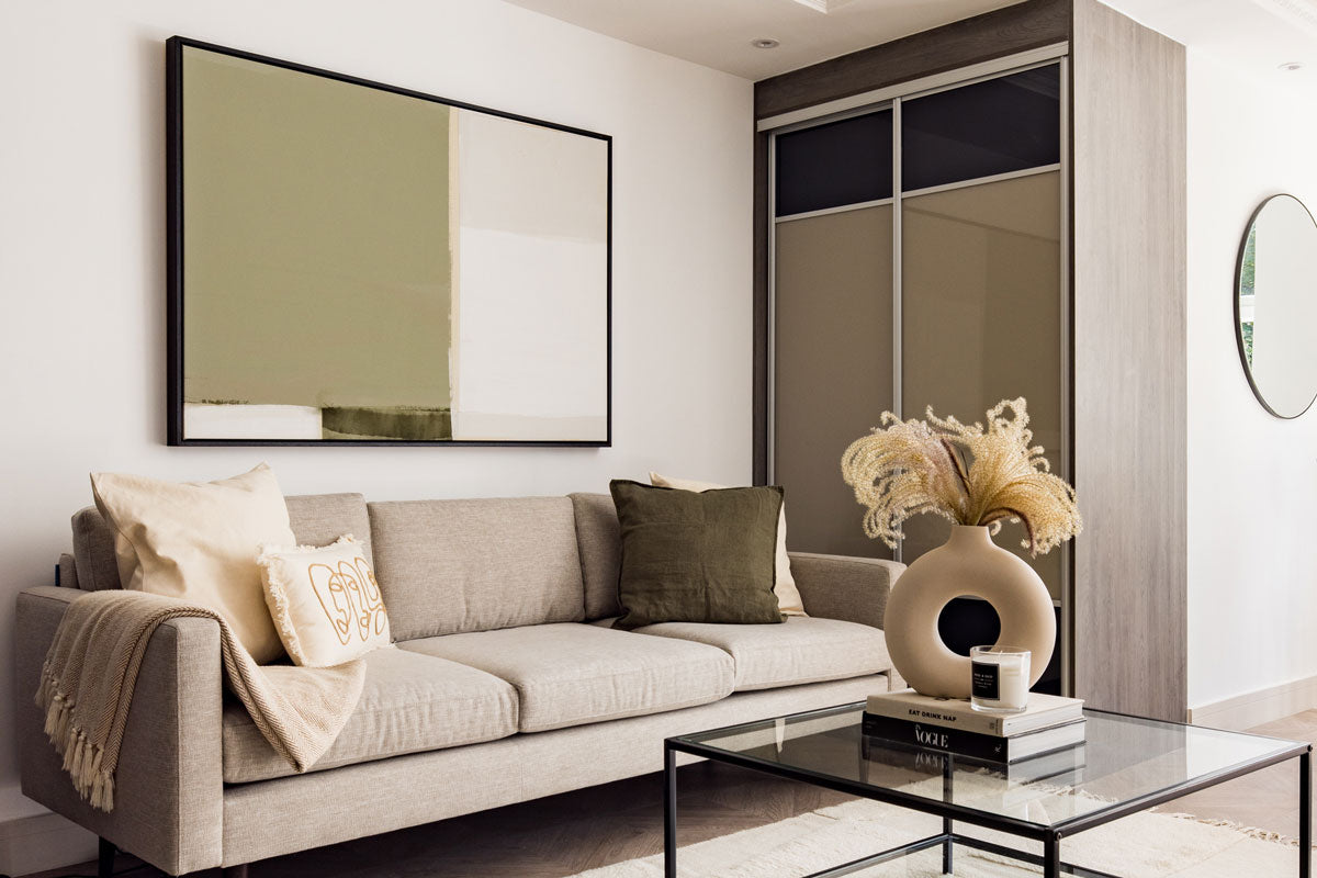 Large minimal abstract canvas art in neutral scandi style living room