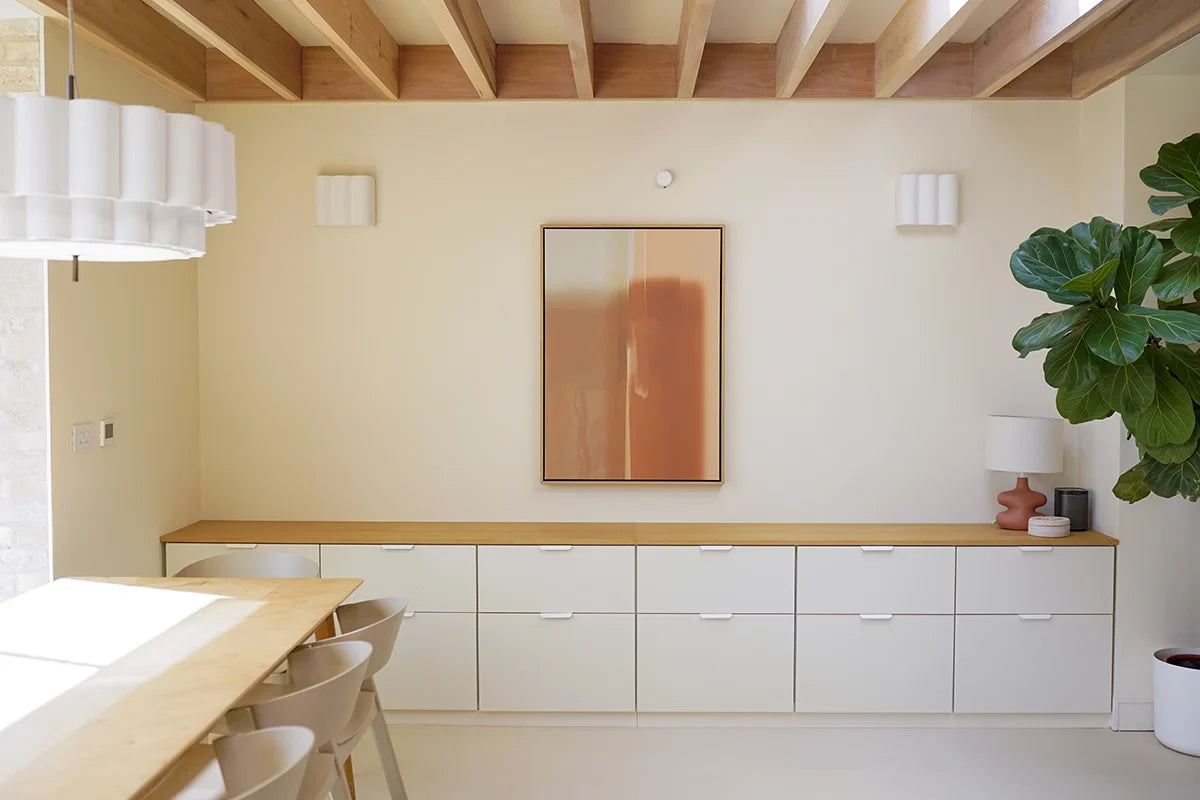 Morning Light, a warm and earthy large abstract canvas art in a light, open plan living area extension