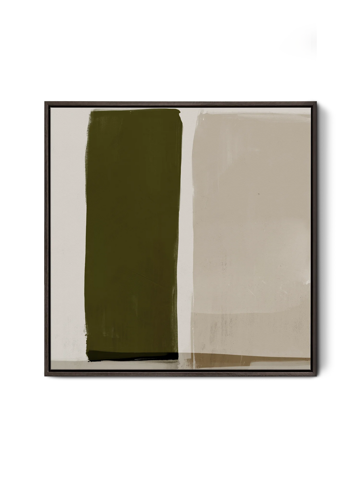 A minimal square abstract canvas with blocks of warm neutrals and earthy greens, framed in a dark brown walnut wood frame
