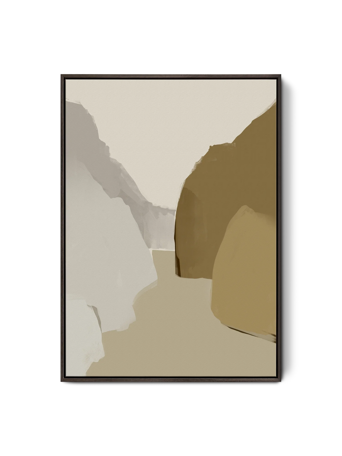 An abstract landscape canvas in warm grey and brown tones, framed in a dark brown walnut wood frame