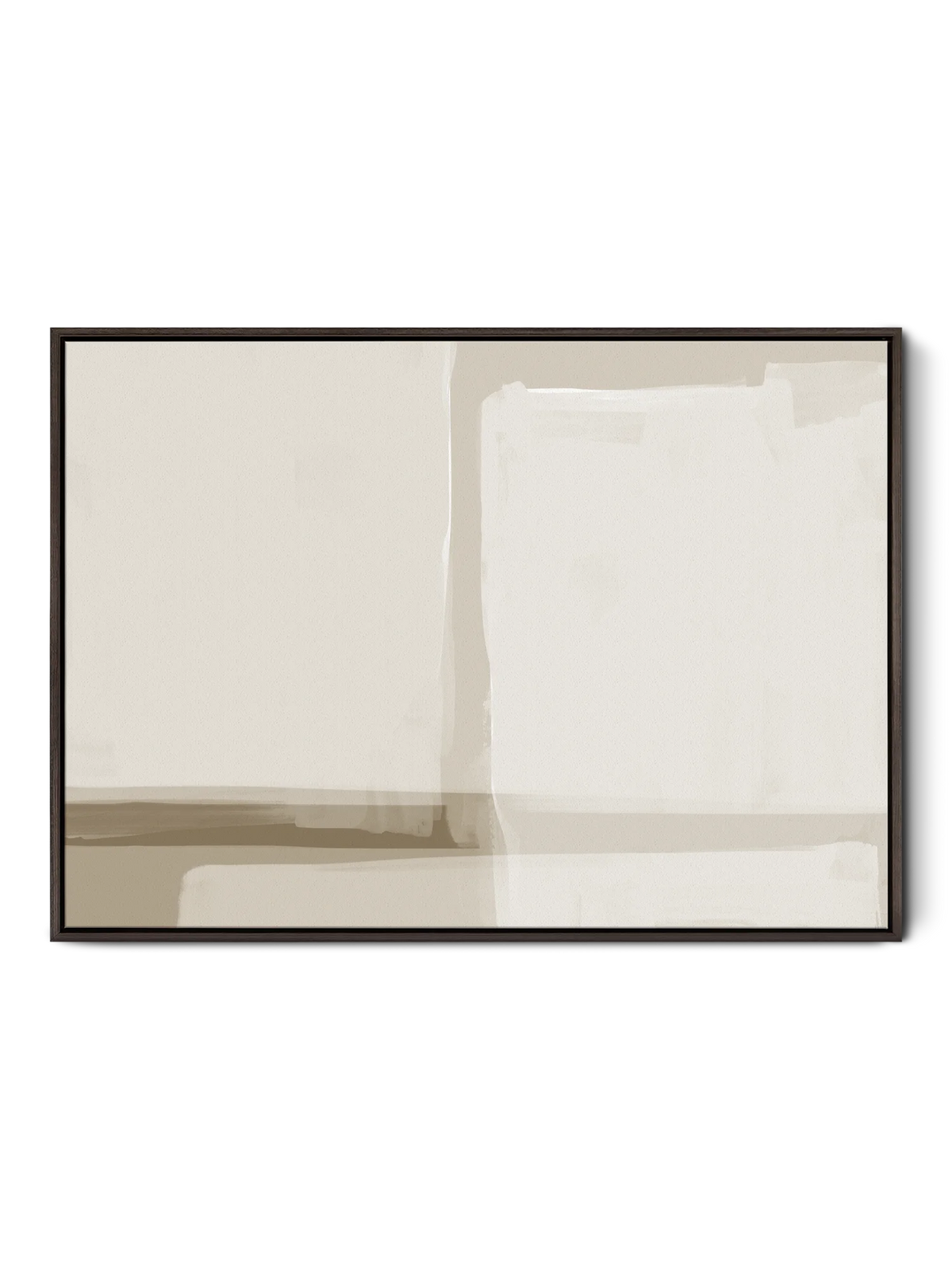 A minimal abstract canvas in soft neutrals, framed in a dark brown walnut wood frame