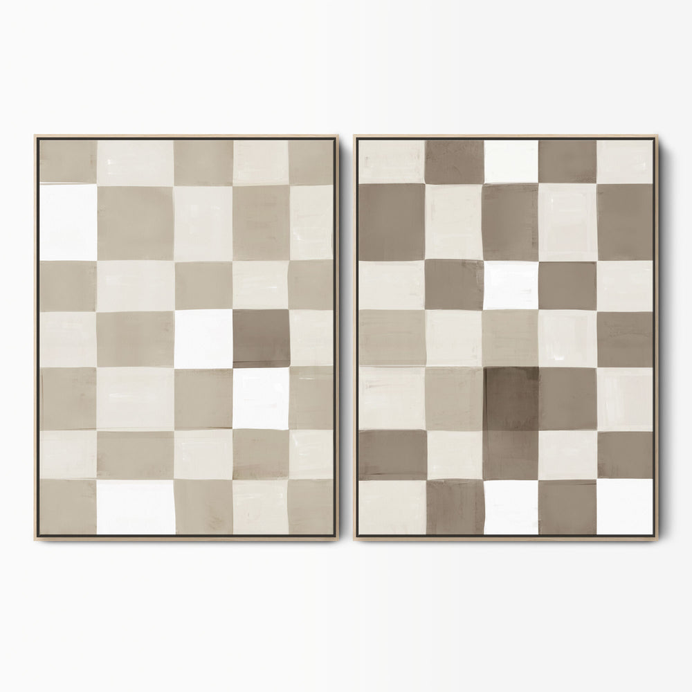 Neutral Checkerboard Abstract Canvas Set | Green Lili