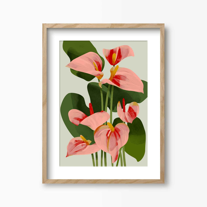 Green Lili 30x40cm / Natural with mount Flamingo Flowers Print