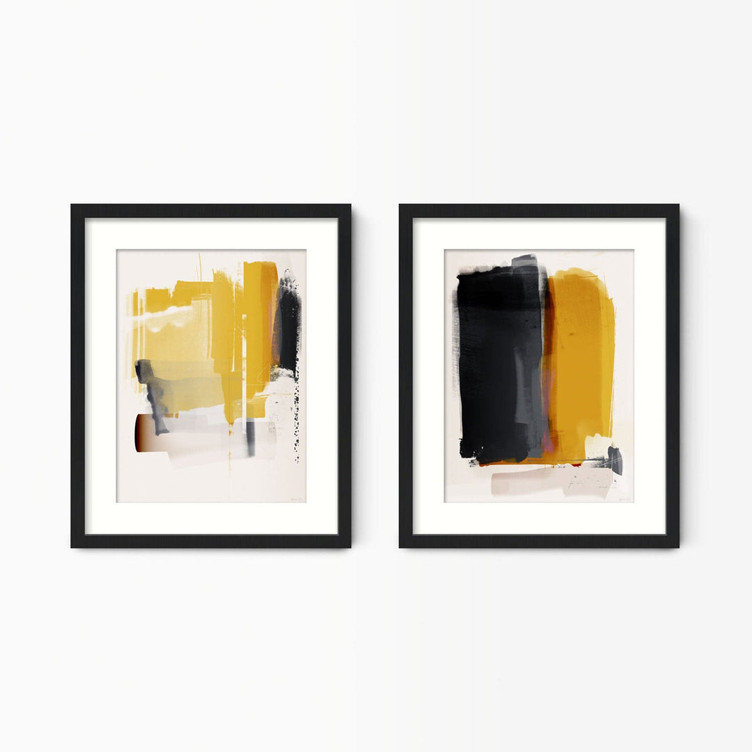 Green Lili 30x40cm / Black with mount Mustard Yellow Abstract Wall Art Set