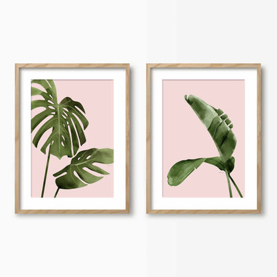 Green Lili 30x40cm / Natural with mount Pink Banana & Monstera Leaf Wall Art Set