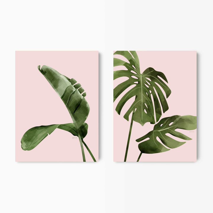 Green Lili 30x40cm / Unframed Pink Banana & Monstera Leaf Wall Art Set