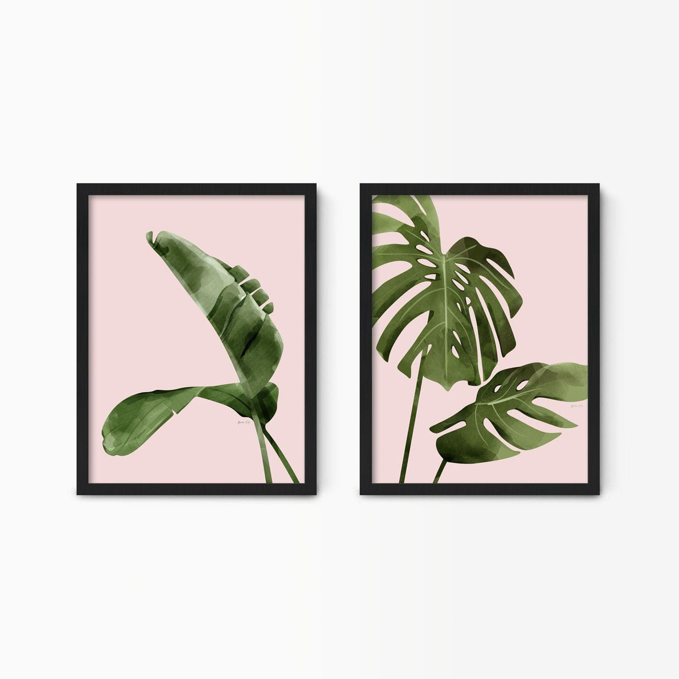 Green Lili 30x40cm / Black Pink Banana & Monstera Leaf Wall Art Set