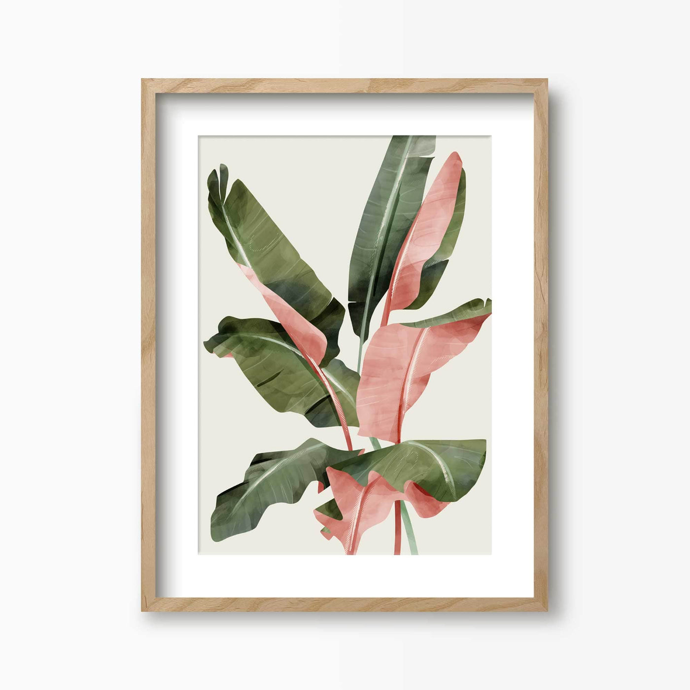 Green Lili 30x40cm / Natural with mount Pink & Green Banana Leaves Art Print
