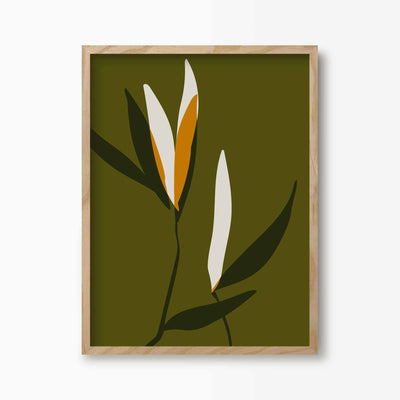Green Lili 30x40cm (12x16") / Natural Frame Abstract Budding Flowers Print