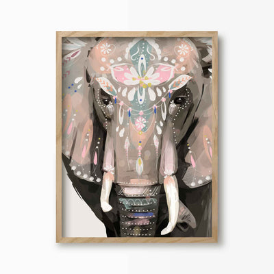 Green Lili 30x40cm (12x16") / Natural Frame Bohemian Elephant Art Print