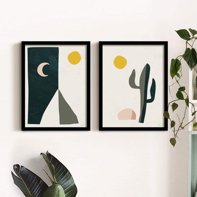 Green Lili 30x40cm (12x16") / Black Frame Boho Desert Mountains & Cactus Wall Art Set