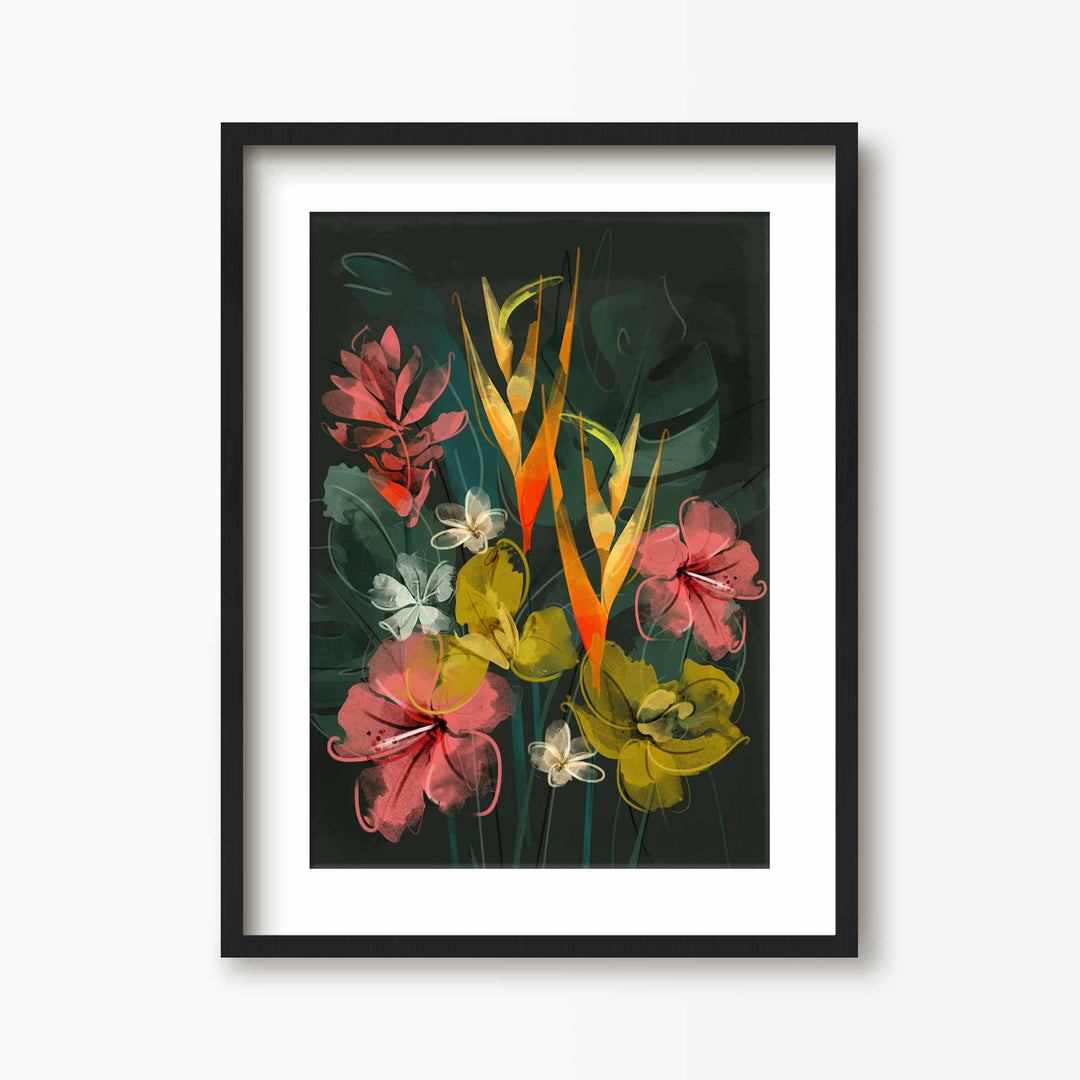 Green Lili 30x40cm (12x16") / Black Frame + Mount Dark Tropical Flowers Art