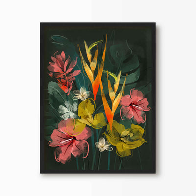 Green Lili 30x40cm (12x16") / Black Frame Dark Tropical Flowers Art