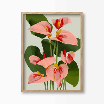Green Lili 30x40cm (12x16") / Natural Frame Flamingo Flowers Print