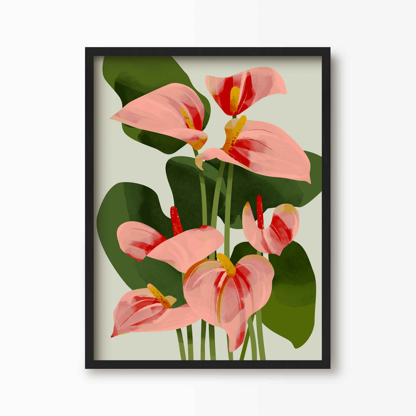 Green Lili 30x40cm (12x16") / Black Frame Flamingo Flowers Print