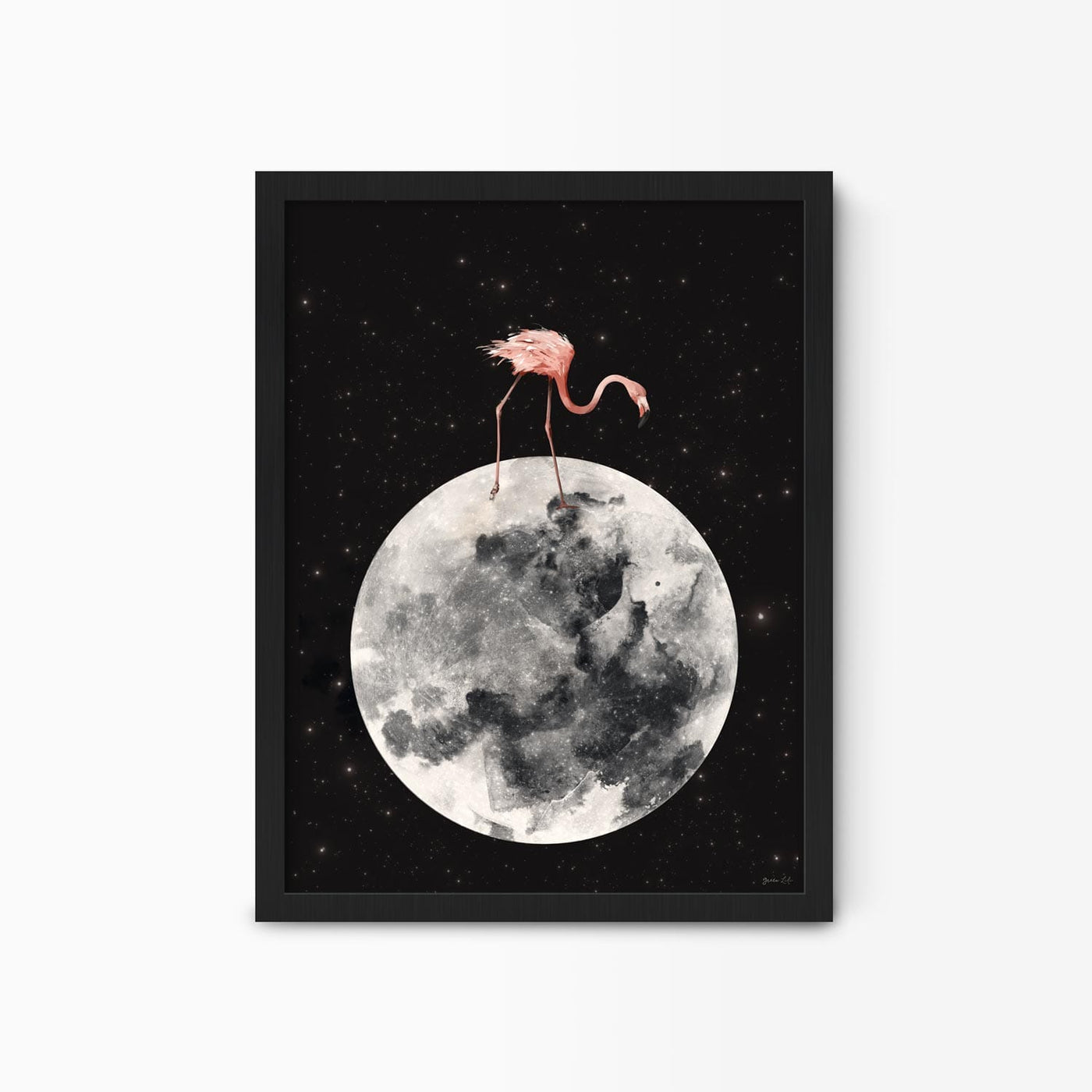 Green Lili 30x40cm (12x16") / Black Frame Flamingo On The Moon Print