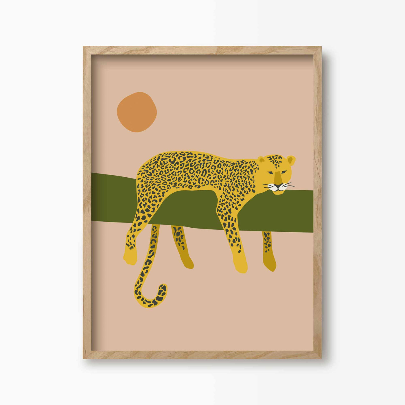 Green Lili 30x40cm (12x16") / Natural Frame Lazy Leopard Art Print