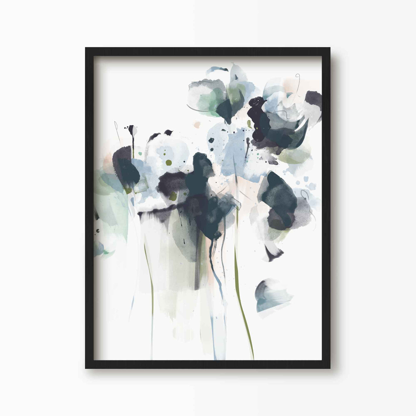 Green Lili 30x40cm (12x16") / Black Frame Midnight Blue Abstract Floral Print