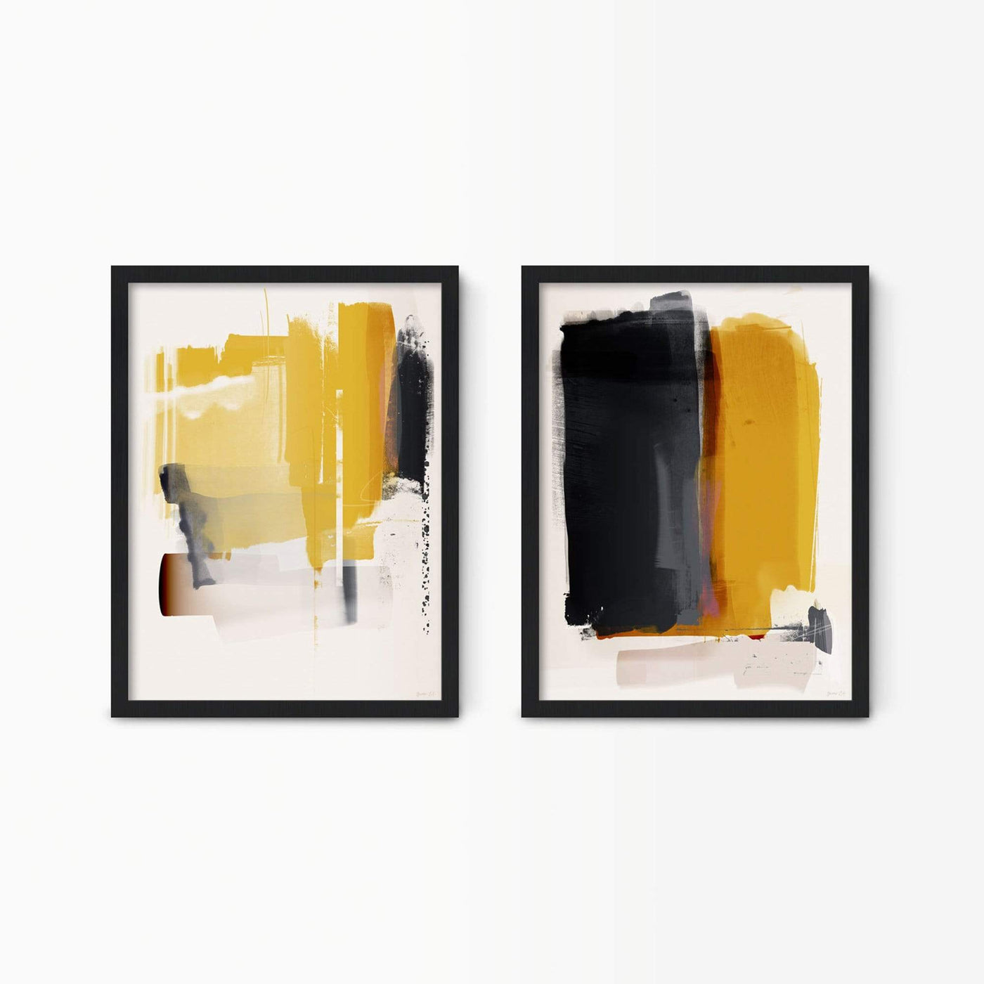 Green Lili 30x40cm (12x16") / Black Frame Mustard Yellow Abstract Wall Art Set