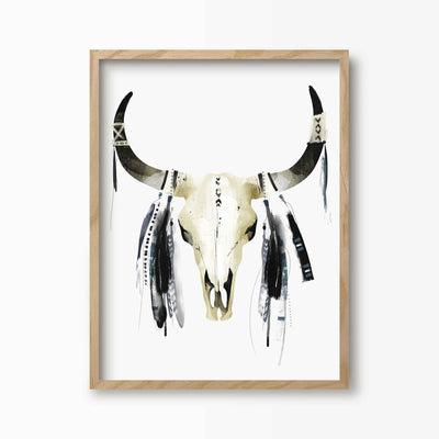 Green Lili 30x40cm (12x16") / Natural Frame Native American Cow Skull Print