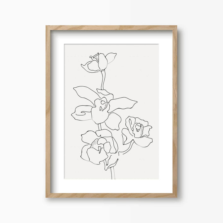 Green Lili 30x40cm (12x16") / Natural Frame + Mount Orchid Flowers 2 Line Art Print