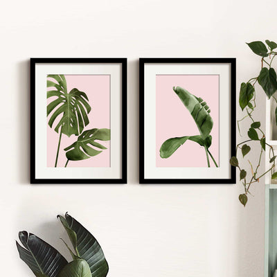 Green Lili Pink Banana & Monstera Leaf Wall Art Set