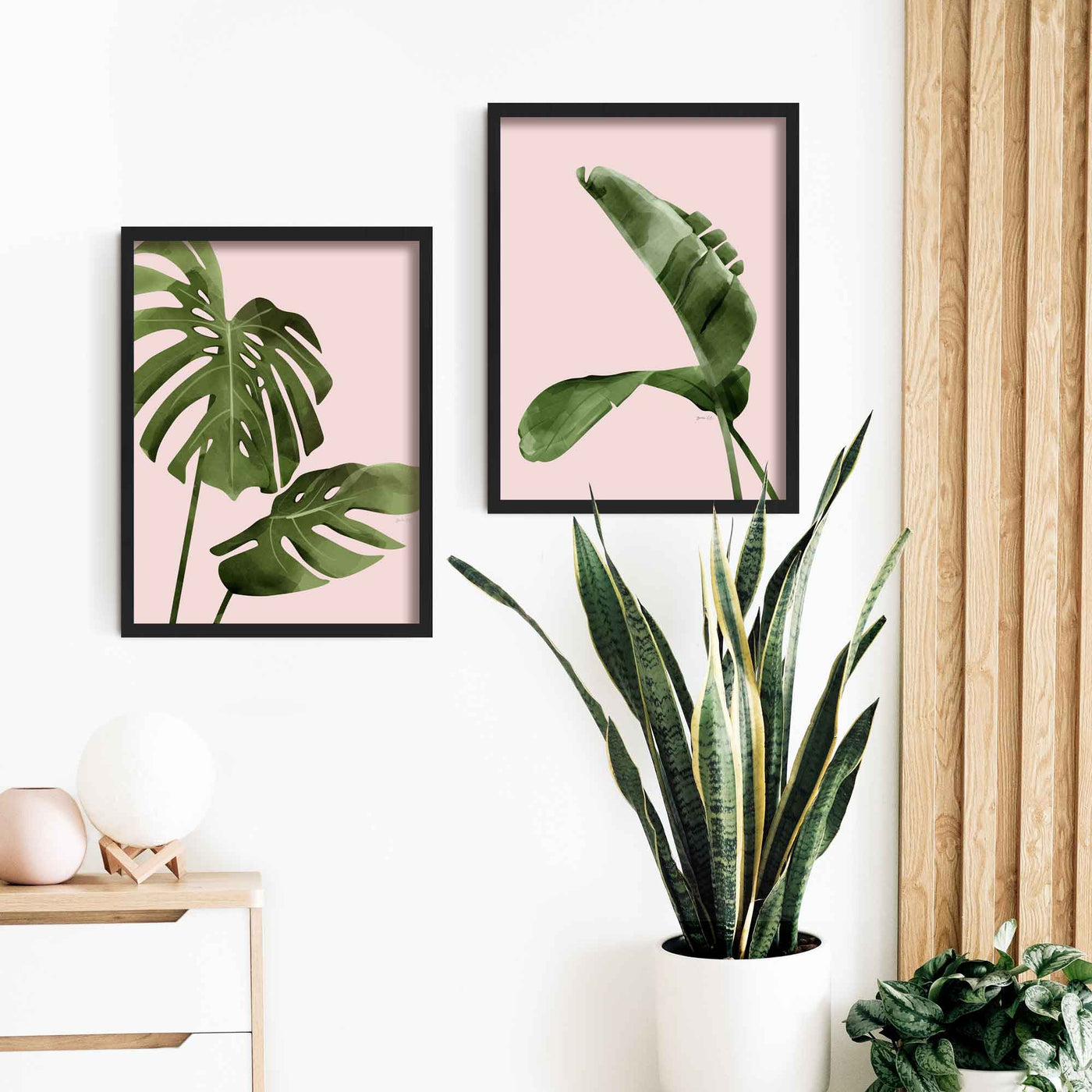 Green Lili 30x40cm (12x16") / Black Frame Pink Banana & Monstera Leaf Wall Art Set