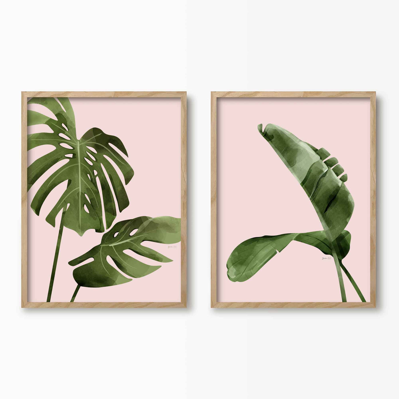 Green Lili 30x40cm (12x16") / Natural Frame Pink Banana & Monstera Leaf Wall Art Set