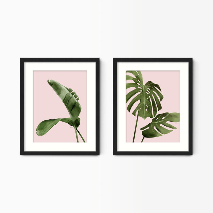 Green Lili 30x40cm (12x16") / Black Frame + Mount Pink Banana & Monstera Leaf Wall Art Set
