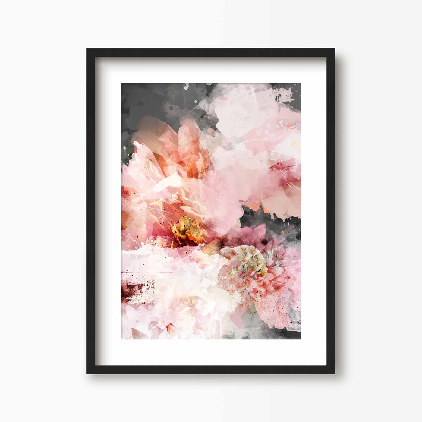 Green Lili 30x40cm (12x16") / Black Frame + Mount Pink Blooms Abstract Floral Print