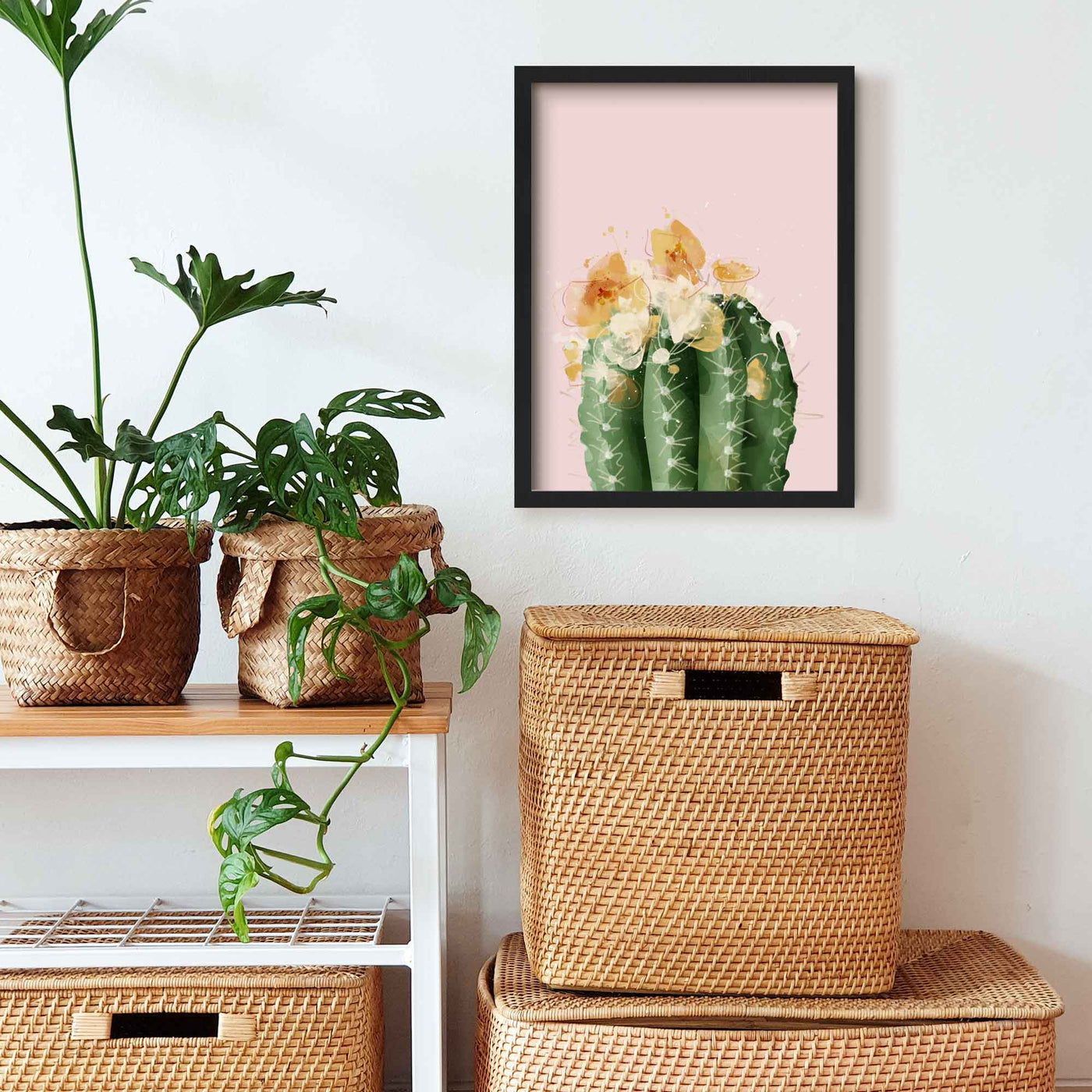 Green Lili 30x40cm (12x16") / Black Frame Pink Flowering Barrel Cactus Print