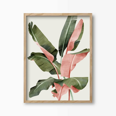 Green Lili 30x40cm (12x16") / Natural Frame Pink & Green Banana Leaves Art Print