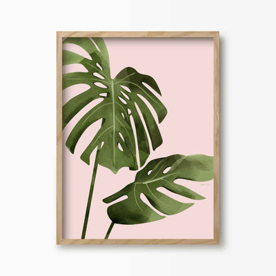 Green Lili 30x40cm (12x16") / Natural Frame Pink Monstera Leaves Print