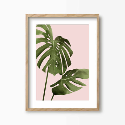 Green Lili 30x40cm (12x16") / Natural Frame + Mount Pink Monstera Leaves Print