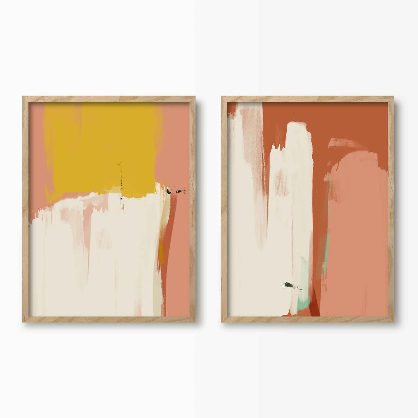 Green Lili 30x40cm (12x16") / Natural Frame Pink & Yellow Abstract Wall Art Set