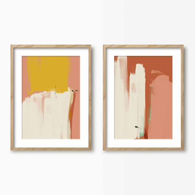 Green Lili 30x40cm (12x16") / Natural Frame + Mount Pink & Yellow Abstract Wall Art Set