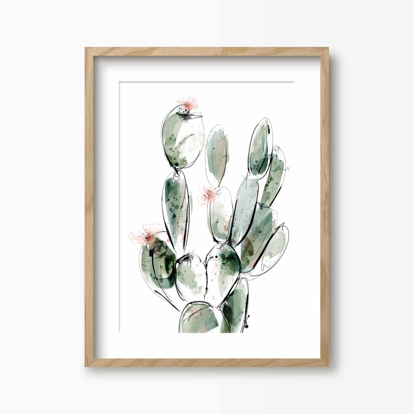 Green Lili 30x40cm (12x16") / Natural Frame + Mount Prickly Pear Watercolour Cactus Print