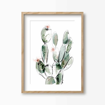Green Lili 30x40cm (12x16") / Natural Frame + Mount Prickly Pear Watercolour Cactus Print