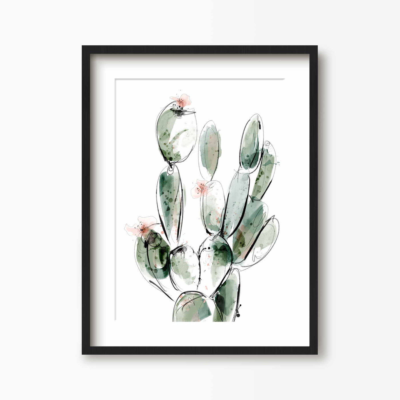 Green Lili 30x40cm (12x16") / Black Frame + Mount Prickly Pear Watercolour Cactus Print