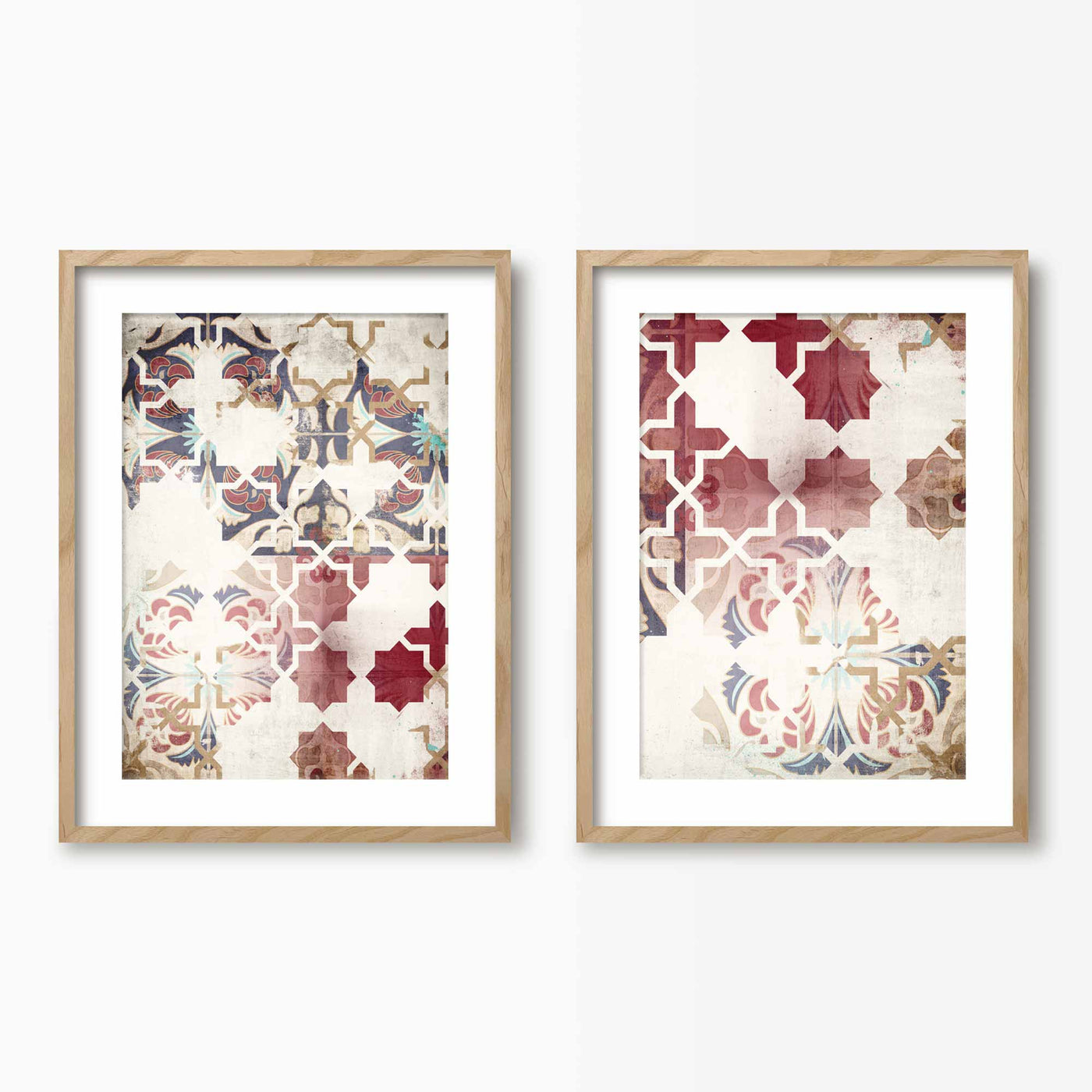 Green Lili 30x40cm (12x16") / Natural Frame + Mount Red Moroccan Tiles Wall Art Set
