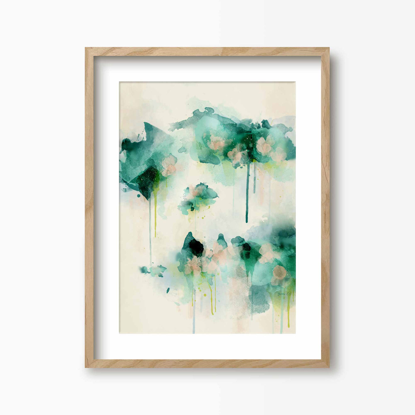 Green Lili 30x40cm (12x16") / Natural Frame + Mount Spring Dream Abstract Floral Print