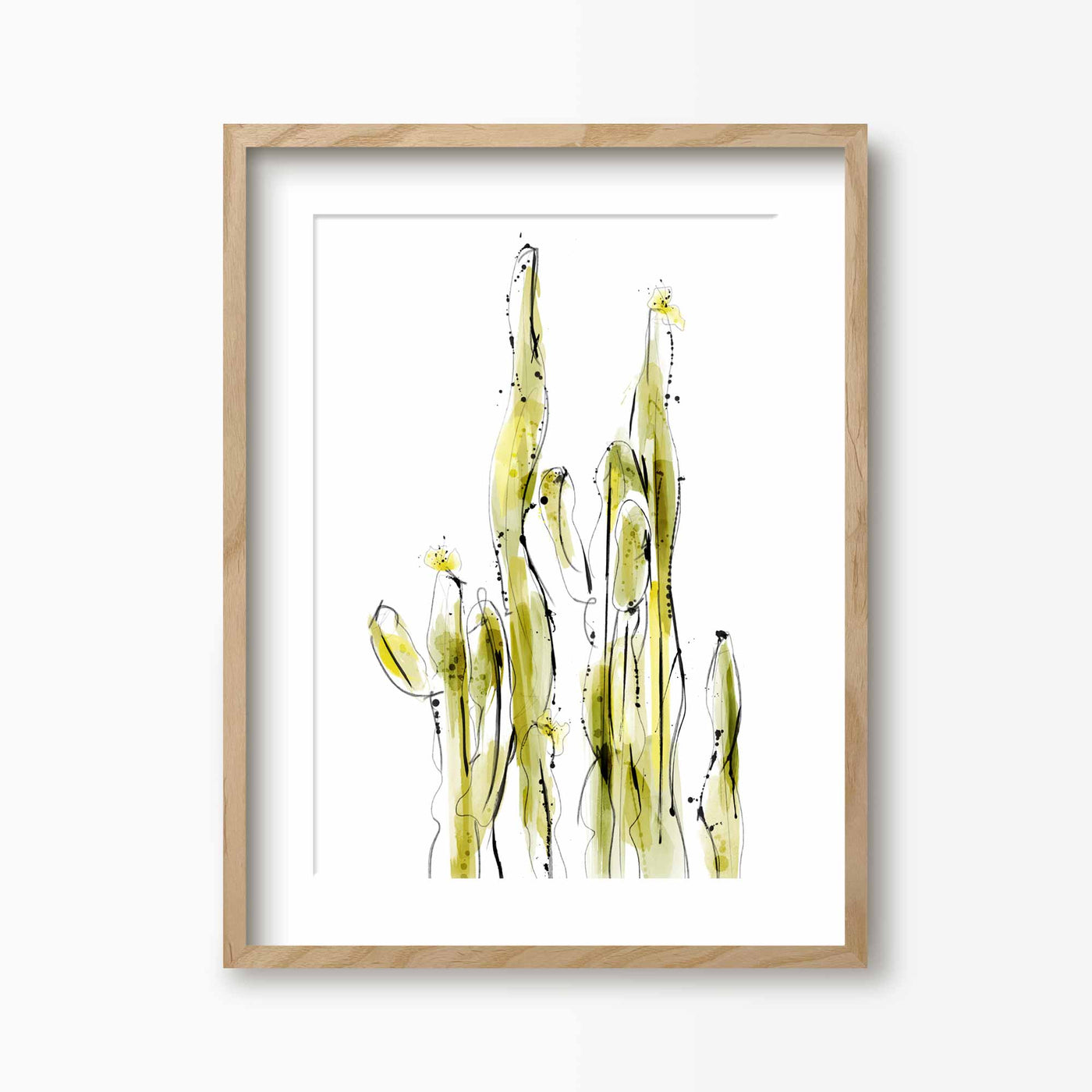 Green Lili 30x40cm (12x16") / Natural Frame + Mount Zingy Green Watercolour Cactus Print